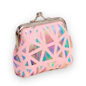 New Holographic Geometric Pink Stripe Rainbow Snap Closure Polyester Coin Purse